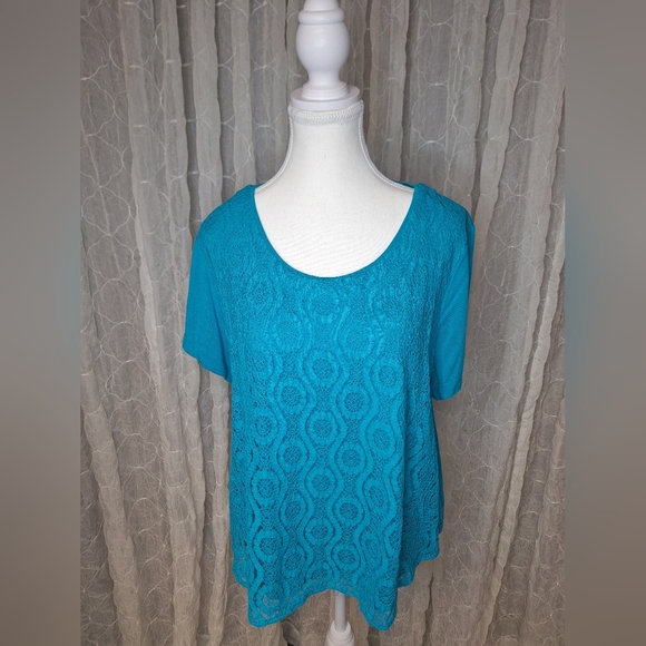 croft & barrow Tops - Croft & Barrow Teal Blue Lace Crochet Short Sleeve Scoop Neck Top PXL